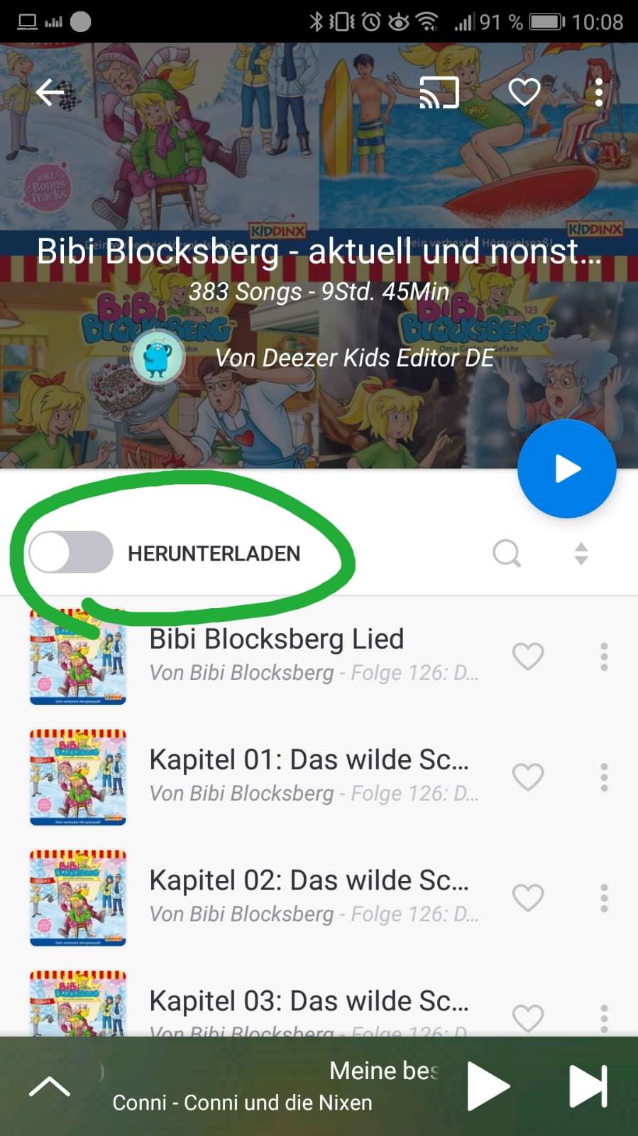Deezer Family auf Reisen - Herunterladen Button in Playlist